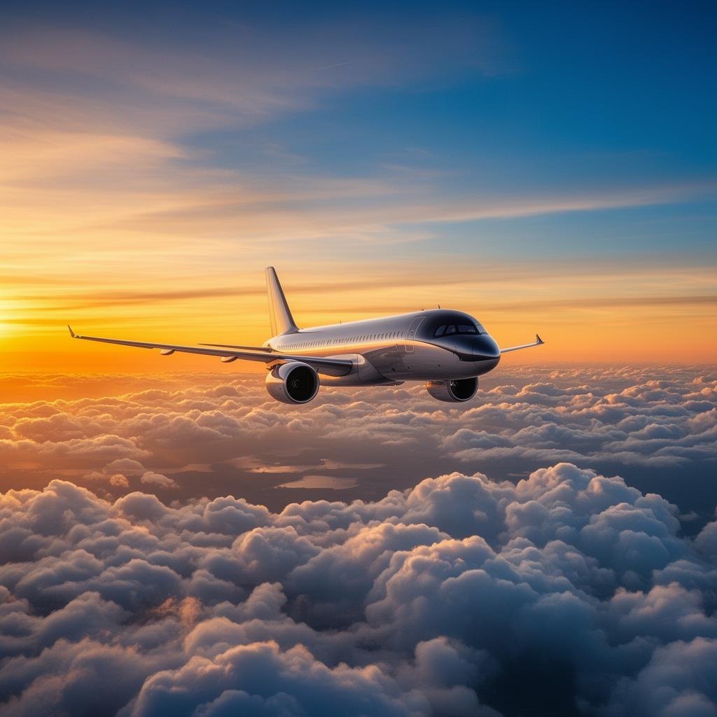Airplane flying above clouds at sunset