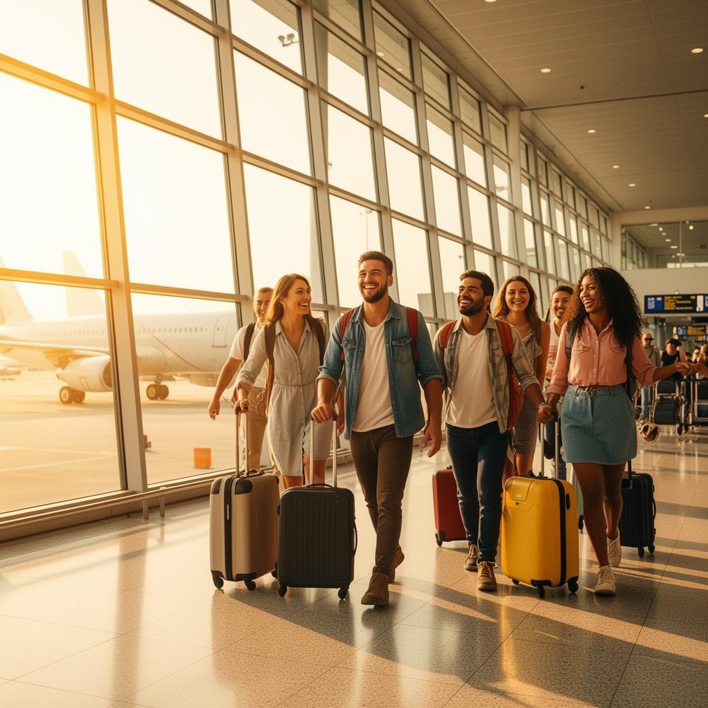 Happy travelers excited for their flight at the airport